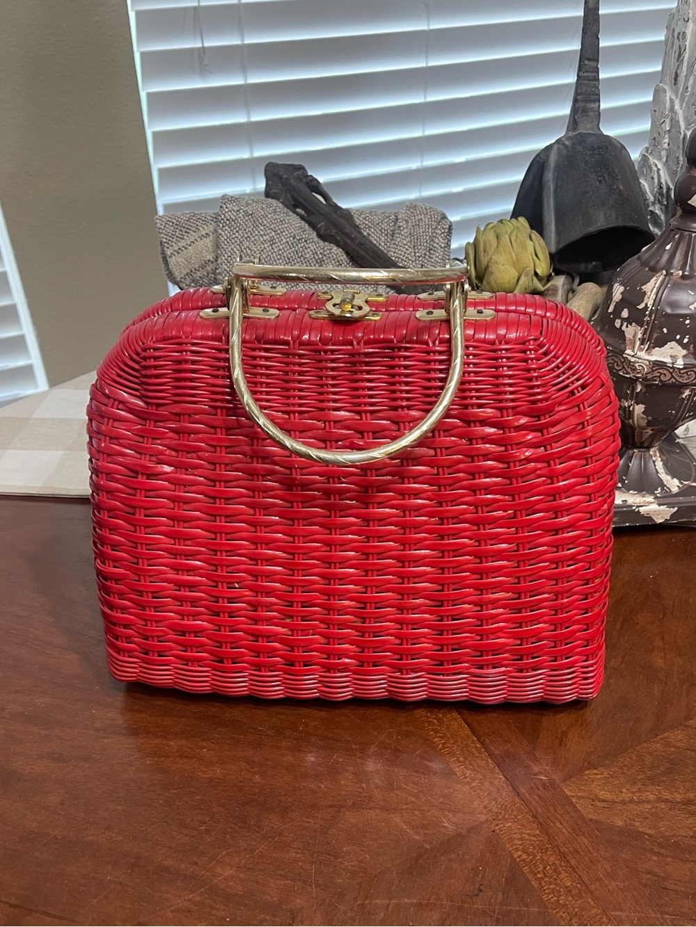 Vintage 50'S Hong Kong Rattan/Plastic Wicker Woven Turnlock Purse retro